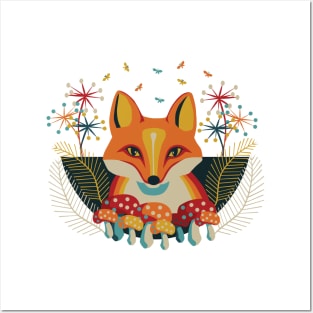 Fox with mushrooms and flies Posters and Art